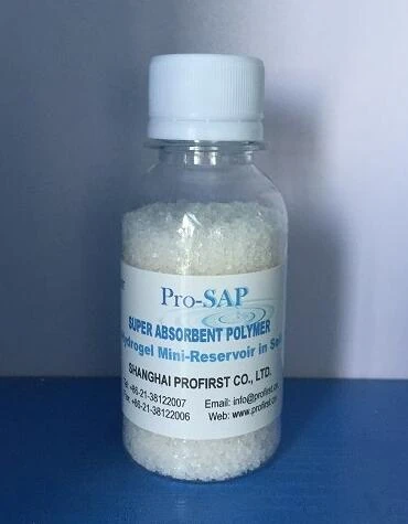 Pro-SAP potassium-based super absorbent polymer in translucent crystalline granules in glass bottle, for soil moisture retention and hydrogel formation