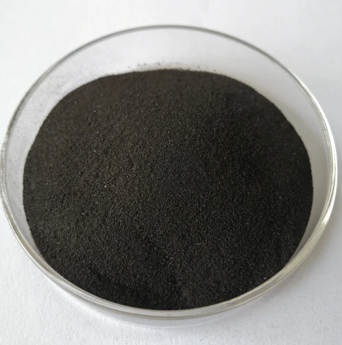 Containers of black-brown seaweed extract fertilizer powder, ready for agricultural application