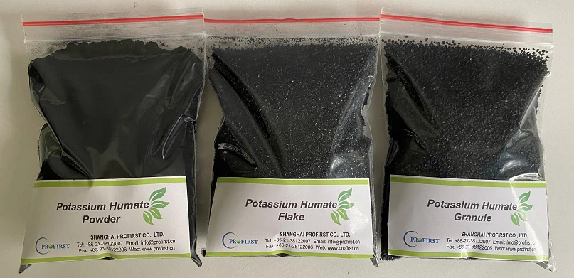 Three types of Potassium Humate samples displayed side by side: powder, flake, and granule forms, showing variety for agricultural and horticultural applications