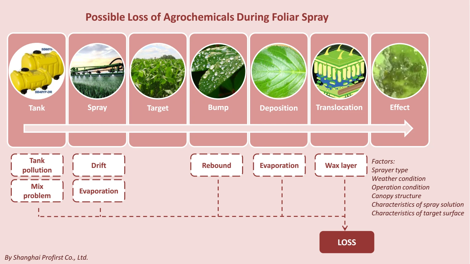 Illustration of possible loss of agrochemicals during foliar spray due to tank pollution, drift, evaporation, rebound, and wax layer on leaves