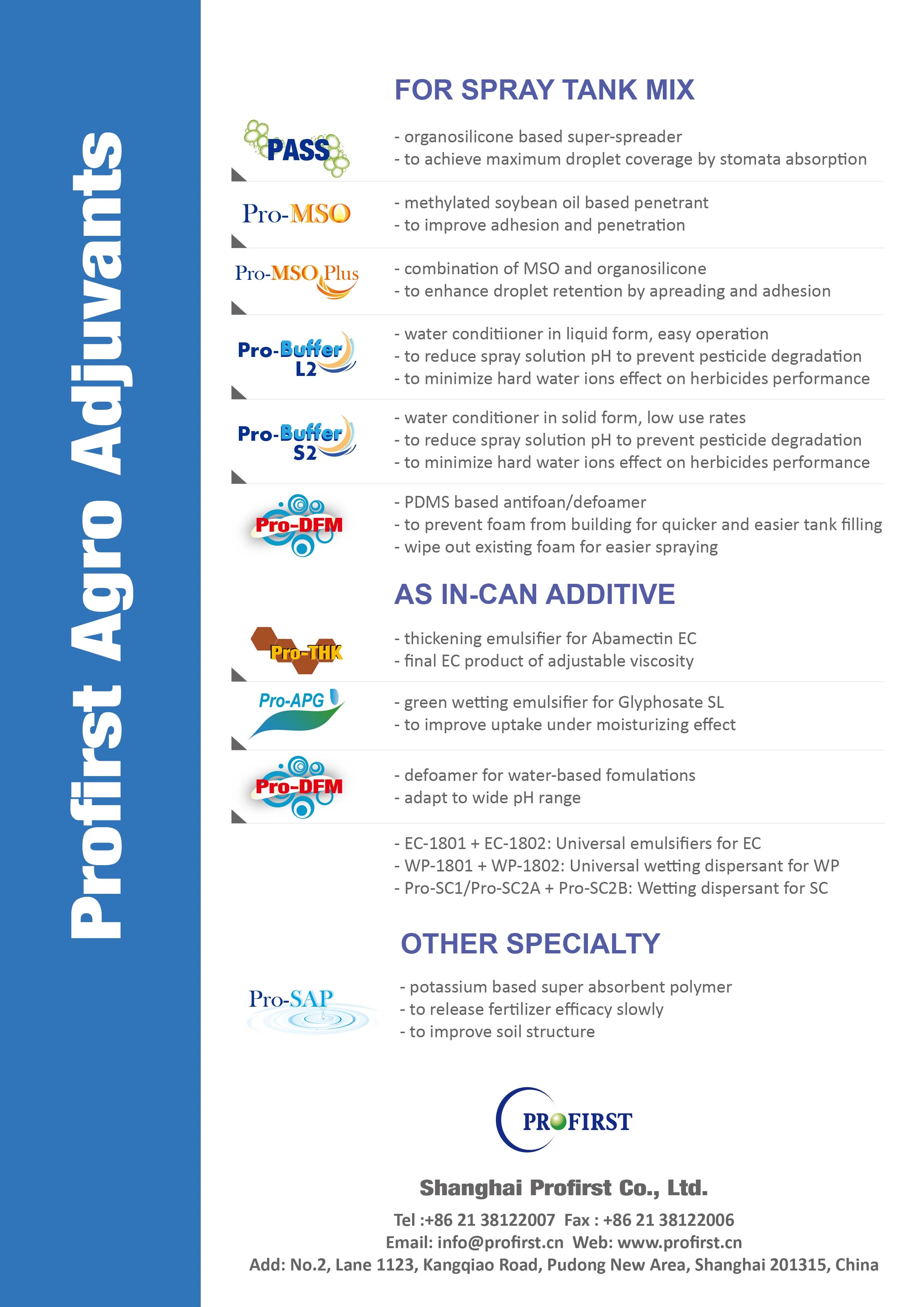 Poster showing Profirst agricultural spray adjuvants list including tank cleaners, compatibility agents, defoamer, anti-drift agents, wetting agents, spreaders, penetrants, and moisturizers