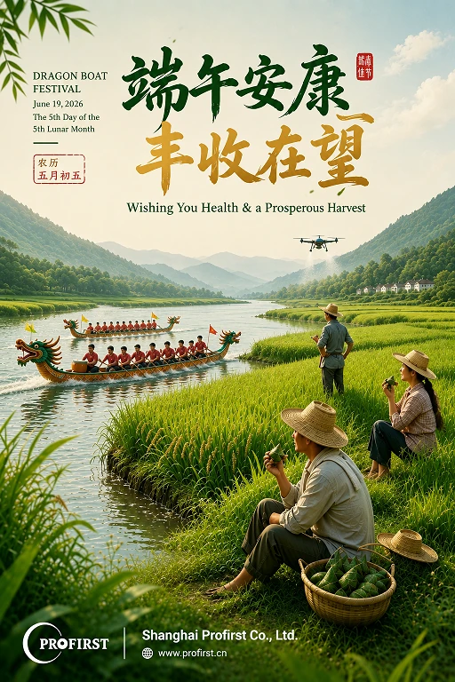 Cartel de felicitación del Festival del Barco del Dragón de Shanghai Profirst con elementos tradicionales de zongzi y barco del dragón